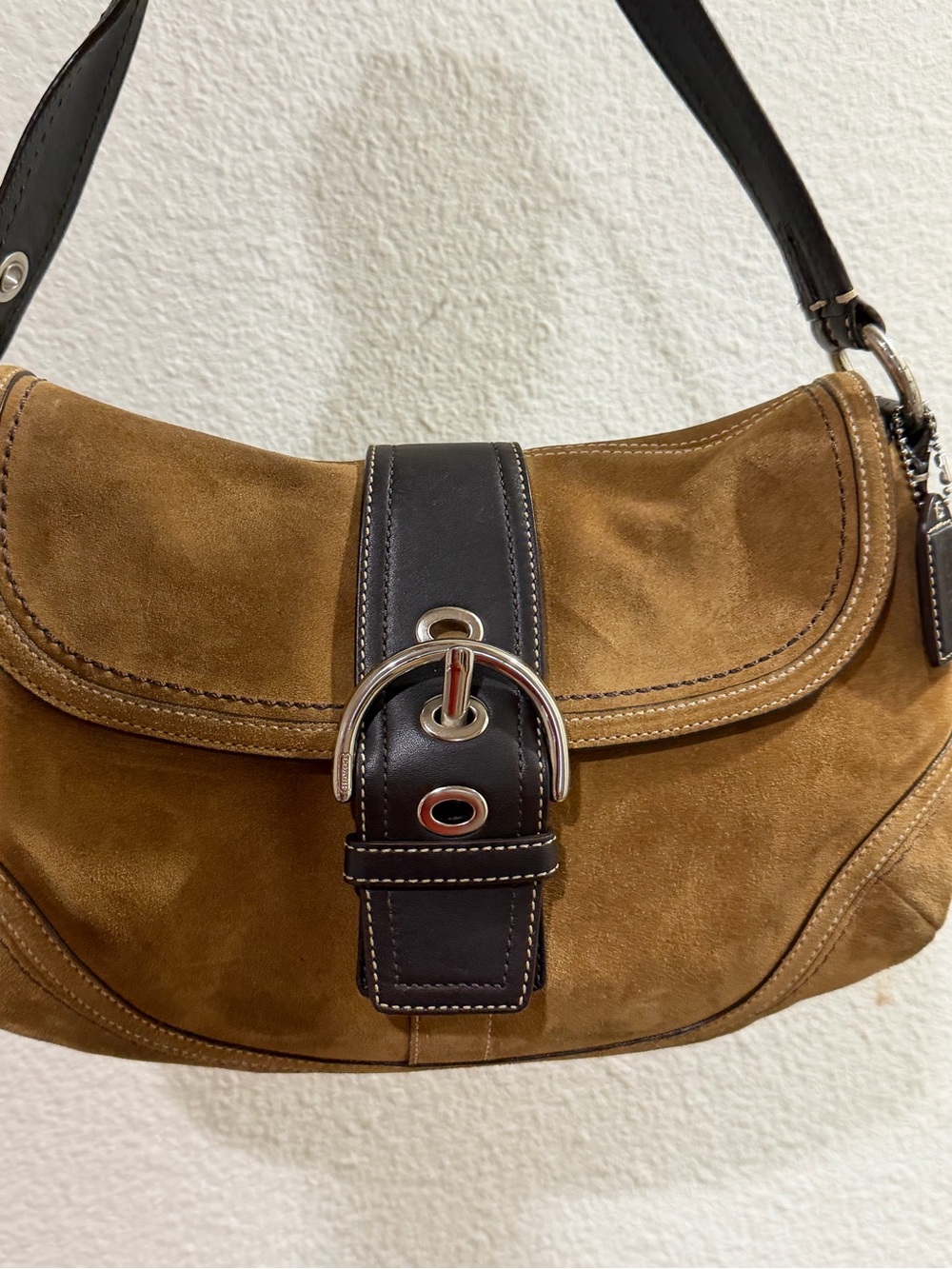 Brown Suede Shoulder Bag with Dark Leather Trim